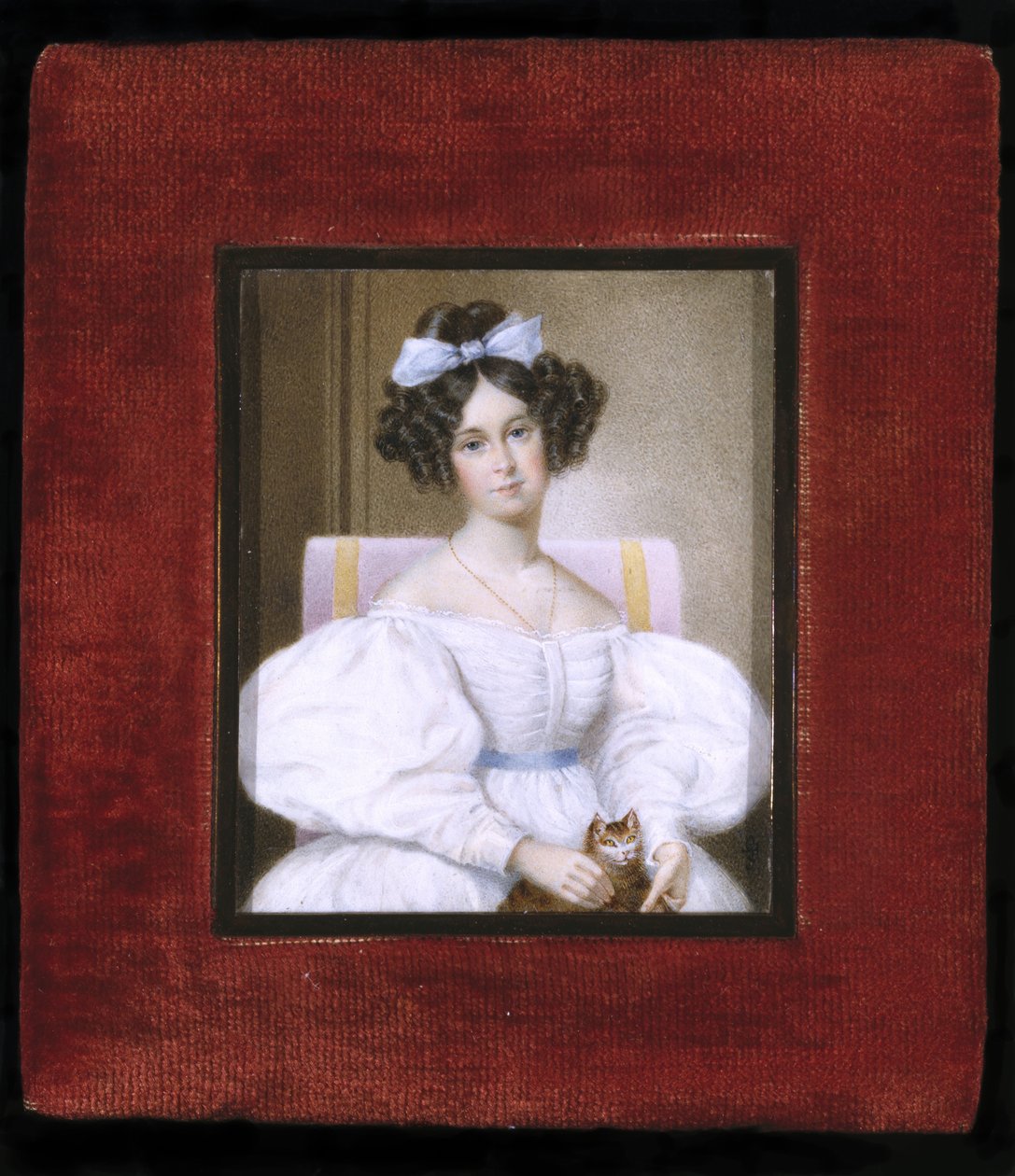 Portrét ženy, cca 1830 (akvarel na slonovině, sametu a skle) od Unknown artist