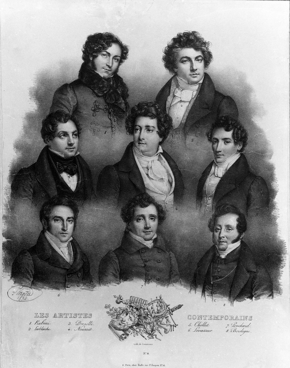 Portrét různých operních pěvců: 1 Giovanni Battista Rubini (1794-1854) 2 Luigi Lablache (1794-1858) 3 Domenico Donzelli (1790-1873) 4 Adolphe Nourrit (1802-1839) 5 Choblet; 6 Nicolas prosperuje Levasseur (Vasseur) (1791-1871) 7 Louis Antoine Poncard od Unknown artist