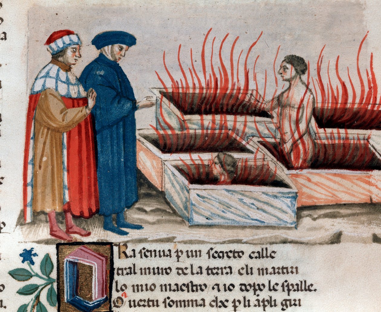 Portrét italského básníka Dante Alighieriho s Virgilem mezi kacíři jako Farinata degli Uberti (píseň 10 z pekla, v Božské komedii) - miniatura 15. století od Unknown artist