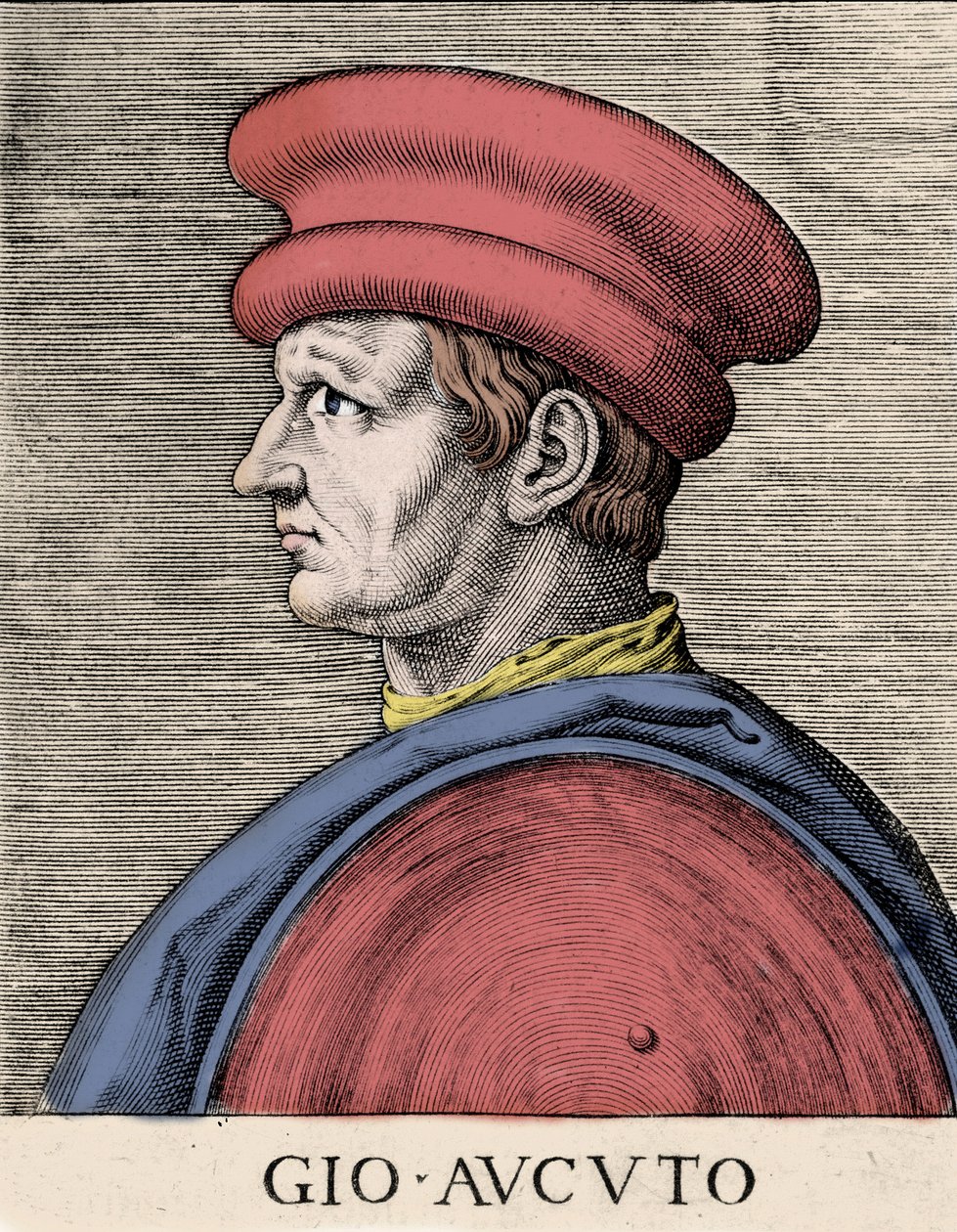 Portrét anglického žoldáka a kondotiéra Johna Hawkwooda (Jean Haccoude nebo Giovanni Acuto) (1320-1394) Xylografie 16. století od Unknown artist