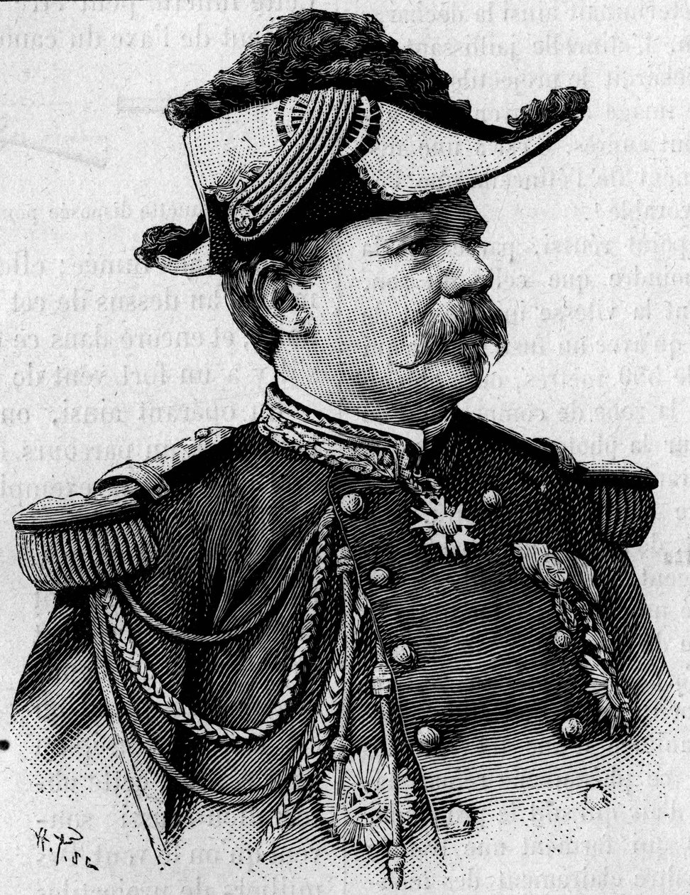 Portrét francouzského generála Francoise Perriera (1833-1888). Gravírování do „“ Příroda: přehled věd a jejich aplikací v umění a průmyslu““ z 3. března od Unknown artist
