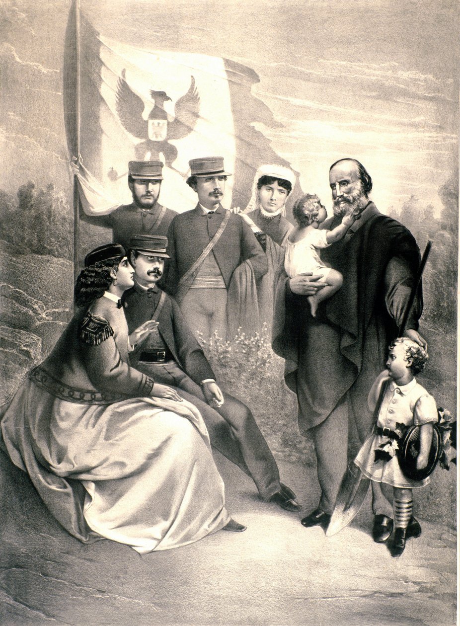 Portrét italského patriota a hrdinů Risorgimenta Giuseppe Garibaldiho (1807-1882) obklopuje jeho děti Menotti, Ricciotti stojící a Teresita, Francesca Armosino a malý Manlio a Clelia. Ilustrace kolem roku 1870. Soukromá sbírka od Unknown artist