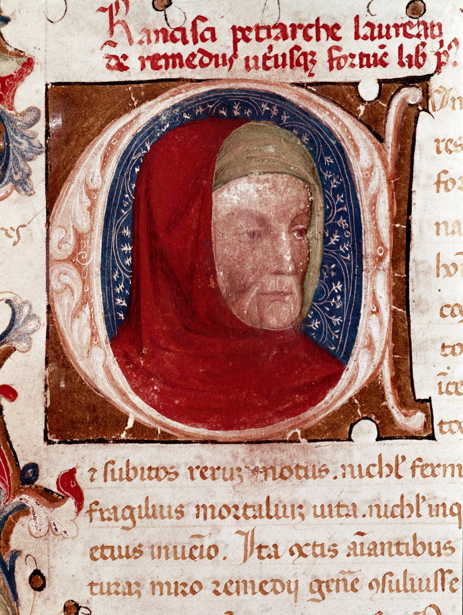 Portrét italského básníka Francesca Petrarcy (Petrarque) (1304-1374) Detail. Stránka převzata z rukopisu „Les remedes aux deux fortunes“ (De remediis Utriusque Fortunae) od Petrarky. 1360-1366 Benátky, Biblioteca marciana od Unknown artist