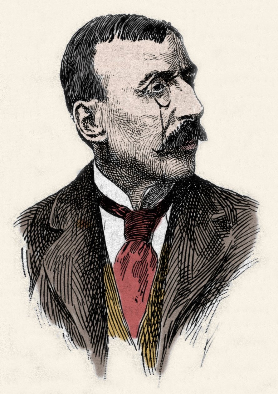 Portrét portugalského spisovatele a diplomata Jose Maria de Eeca de Queiros neboli Queiroz (1845-1900). Rytina 19. století od Unknown artist