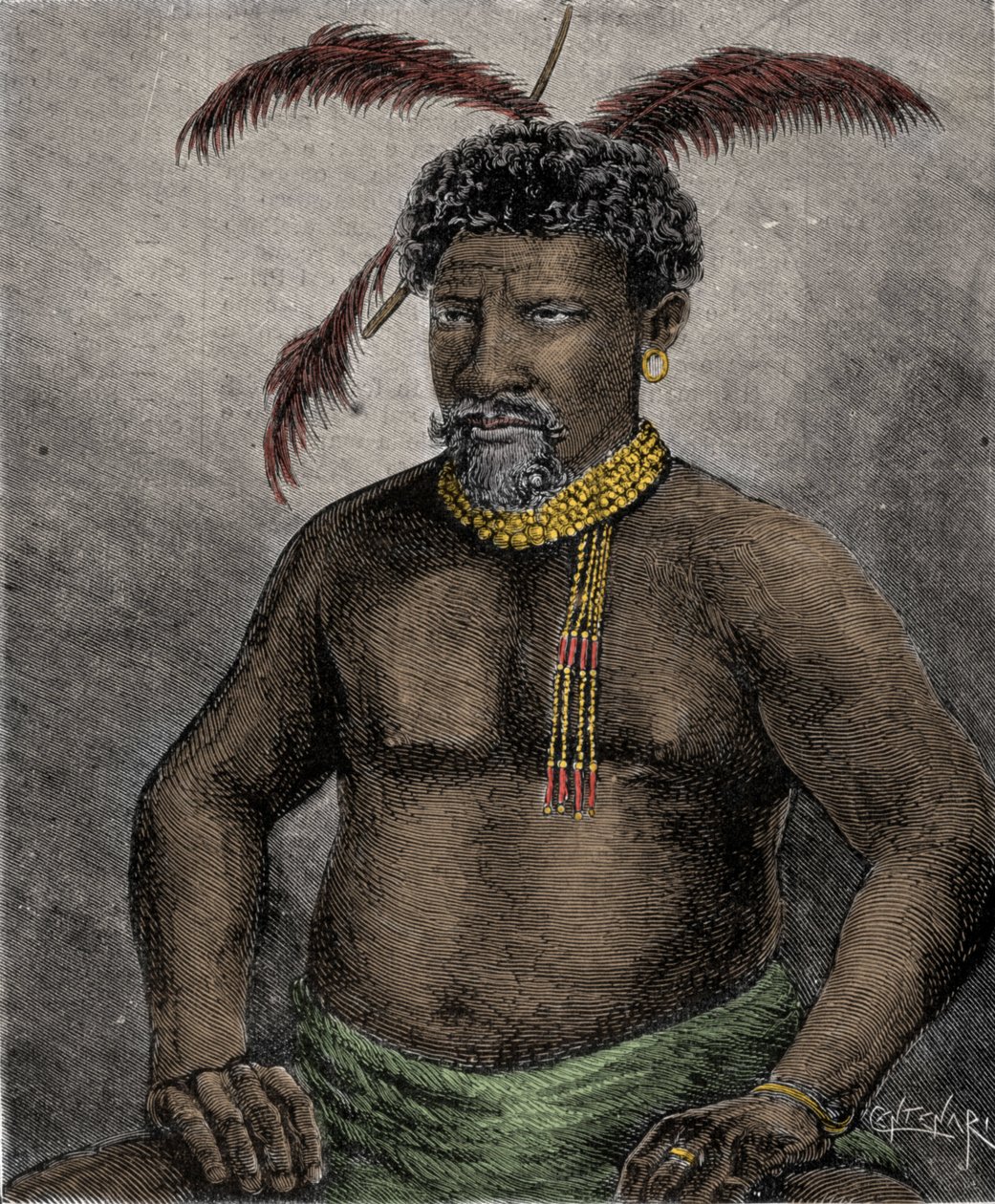 Portrét zuluského krále Cetshwayo (nebo Cetawayo, Cetewayo, Cetywajo, Ketchwayo) (1826-1884) Rytina 19. století od Unknown artist