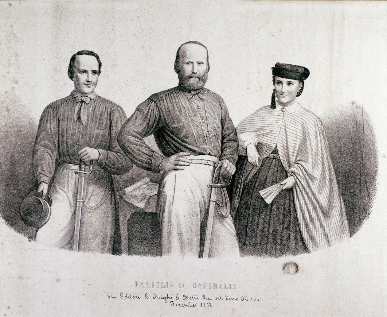 Portrét patriota a hrdinů Risorgimento Giuseppe Garibaldi (1807-1882) mezi Teresitou, jeho dcerou a manželkou Stefano Canzio. Litografie z roku 1862 Soukromá sbírka od Unknown artist