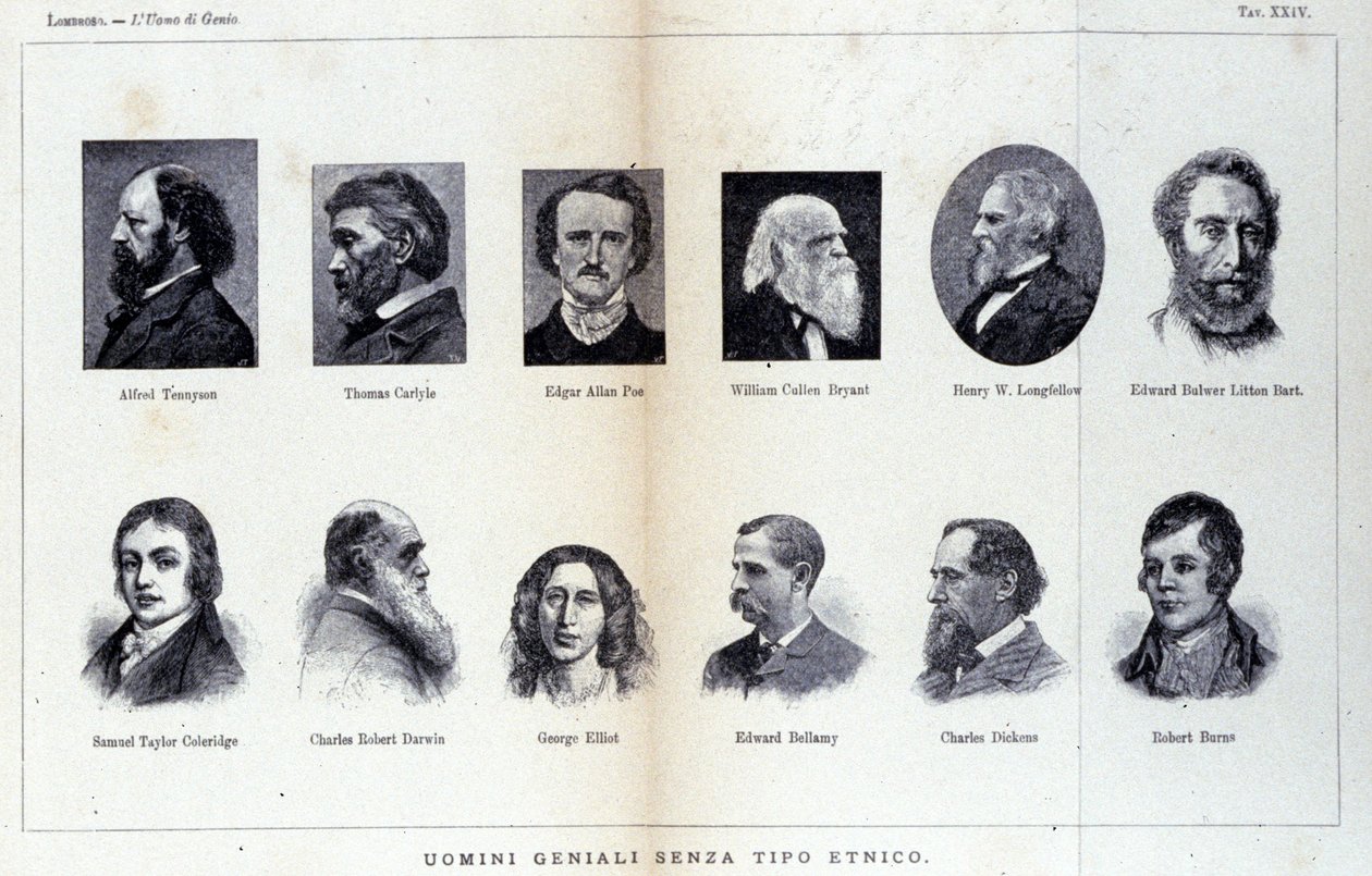 Portréty různých geniálních mužů. Studie publikovaná v „The man of genius““ od Cesare Lombroso (1835-1909) od Unknown artist