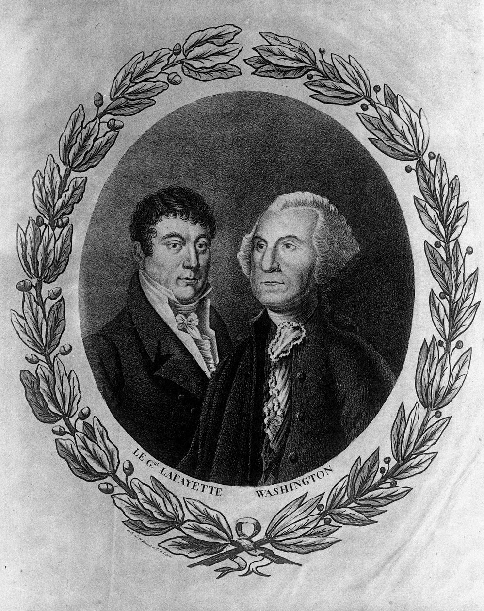 Portréty generála La Fayetta (Lafayette) a Georgese Washingtona - rytina od Unknown artist