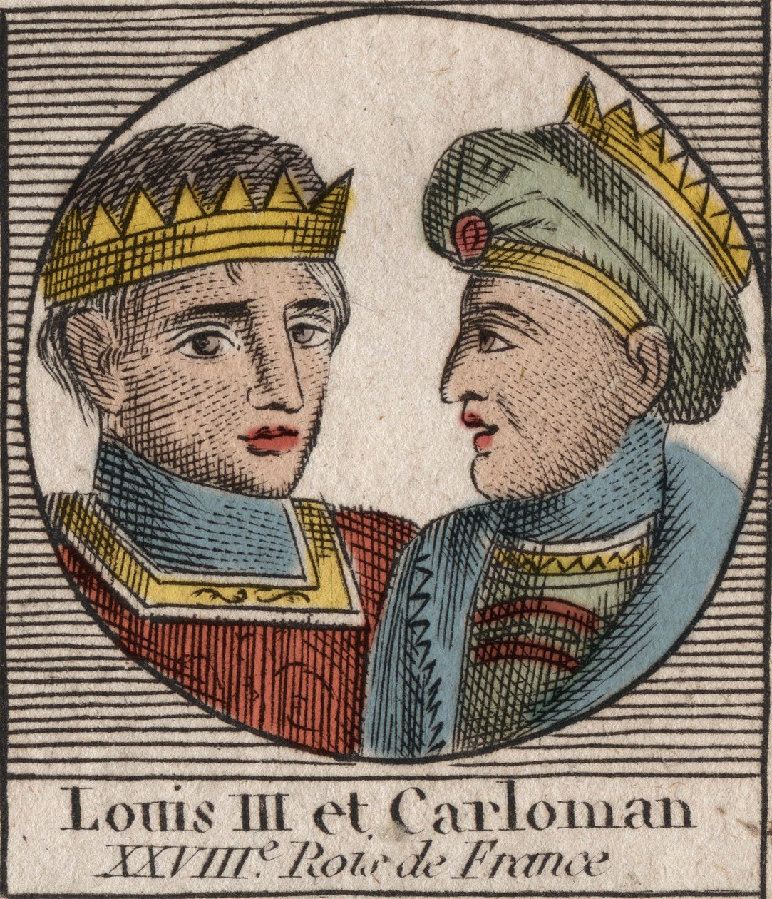 Portréty Ludvíka III. (863/65-882) krále franků v letech 879 až 882 a Carlomana II. (866-884), krále franků v letech 879 až 884 - Ludvíka II., krále Západní Francie a Carlomana II., krále Západu Francia - rytina z “Instruction sur l