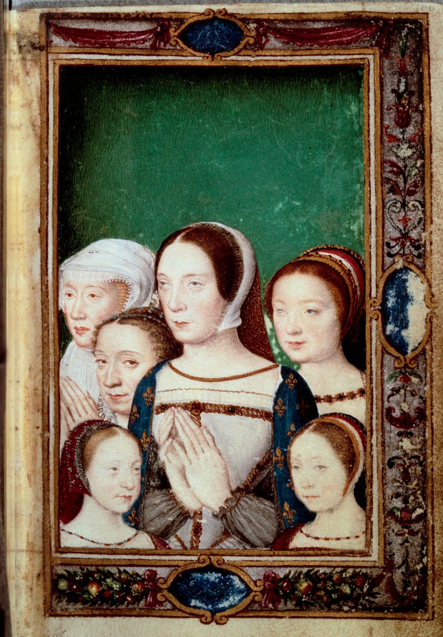 Portréty dcer Františka I. a jeho dvou manželek. Dívky: Louise (1515 - 1517). Charlotte (1516-1524), Madeleine (1520-1537), Markéta (1523-1574). Claude Francouzský (1499-1524) a Eleonora Habsburská (1498-1558). Miniatura v „“ knize ho od Unknown artist