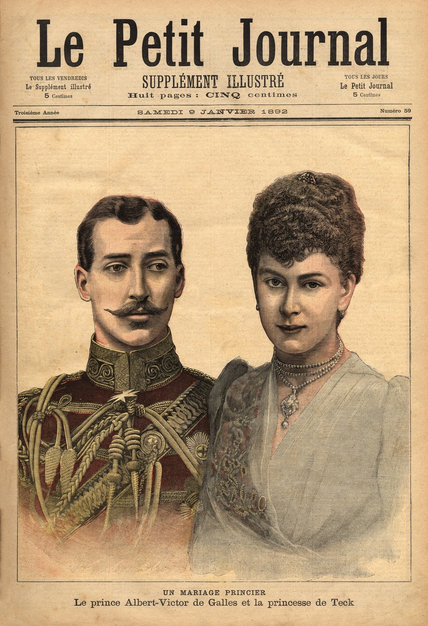 Portréty prince Alberta Victora, vévody z Clarence a Avondale s Marií z Tecku u příležitosti oznámení jejich sňatku, Le Petit Journal, 1.9.1892 od Unknown artist