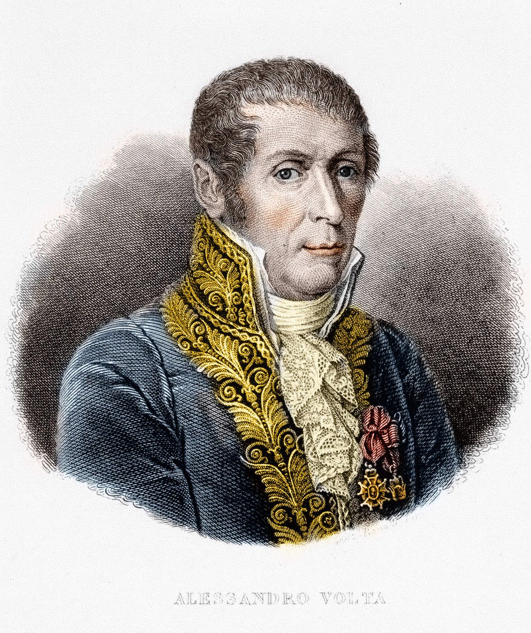 Portrét de Alessandro (Alexandre) Volta (1745 - 1827). Italský fyzik, vynálezce elektrické baterie. 19. století rytina od Unknown artist