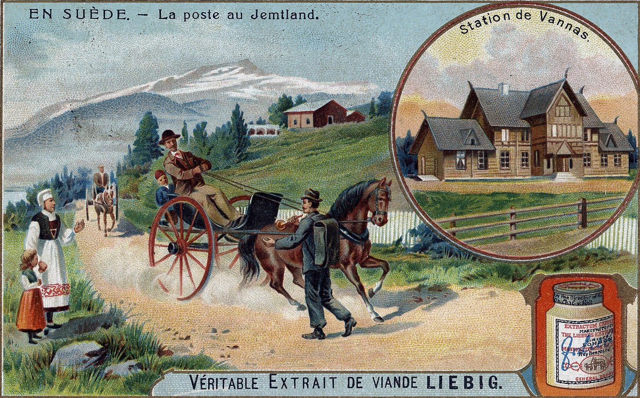 Pošta a pošťák v Jemtland, Švédsko. Chromolitografie, Liebigův snímek. od Unknown artist