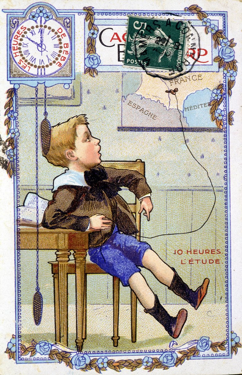 Pohlednice zobrazující průběh dne dítěte. V 10:00 je dítě ve škole. od Unknown artist