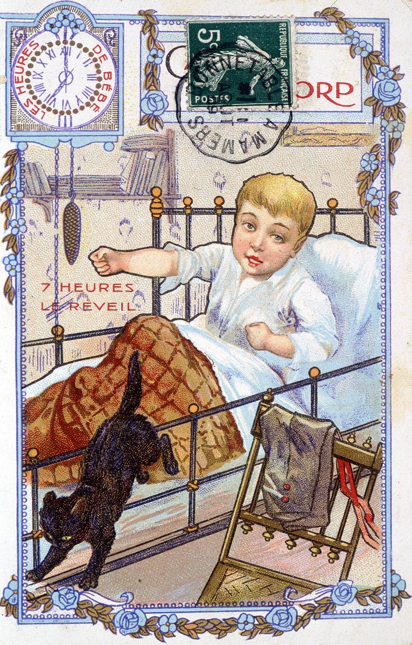 Pohlednice zobrazující průběh dne dítěte. V 7 hodin se dítě budí. od Unknown artist