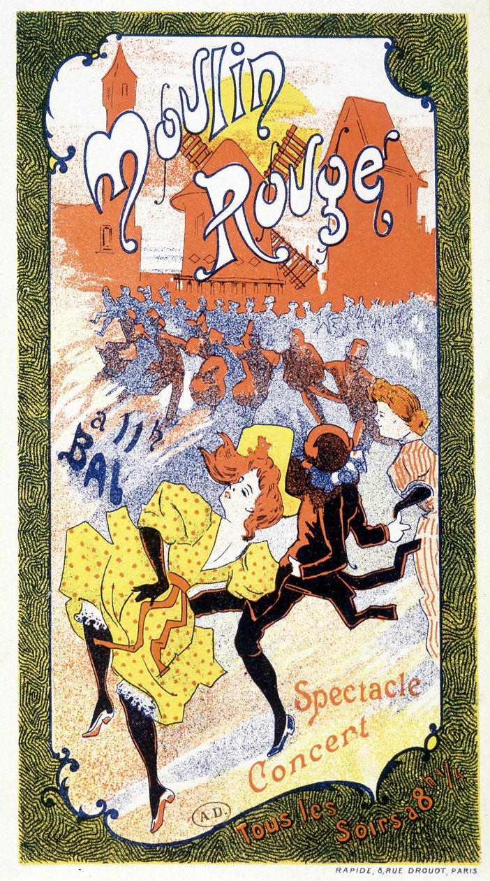 Plakát oznamující „koncerty“, které se konají každý večer v Moulin Rouge v Paříži od Unknown artist