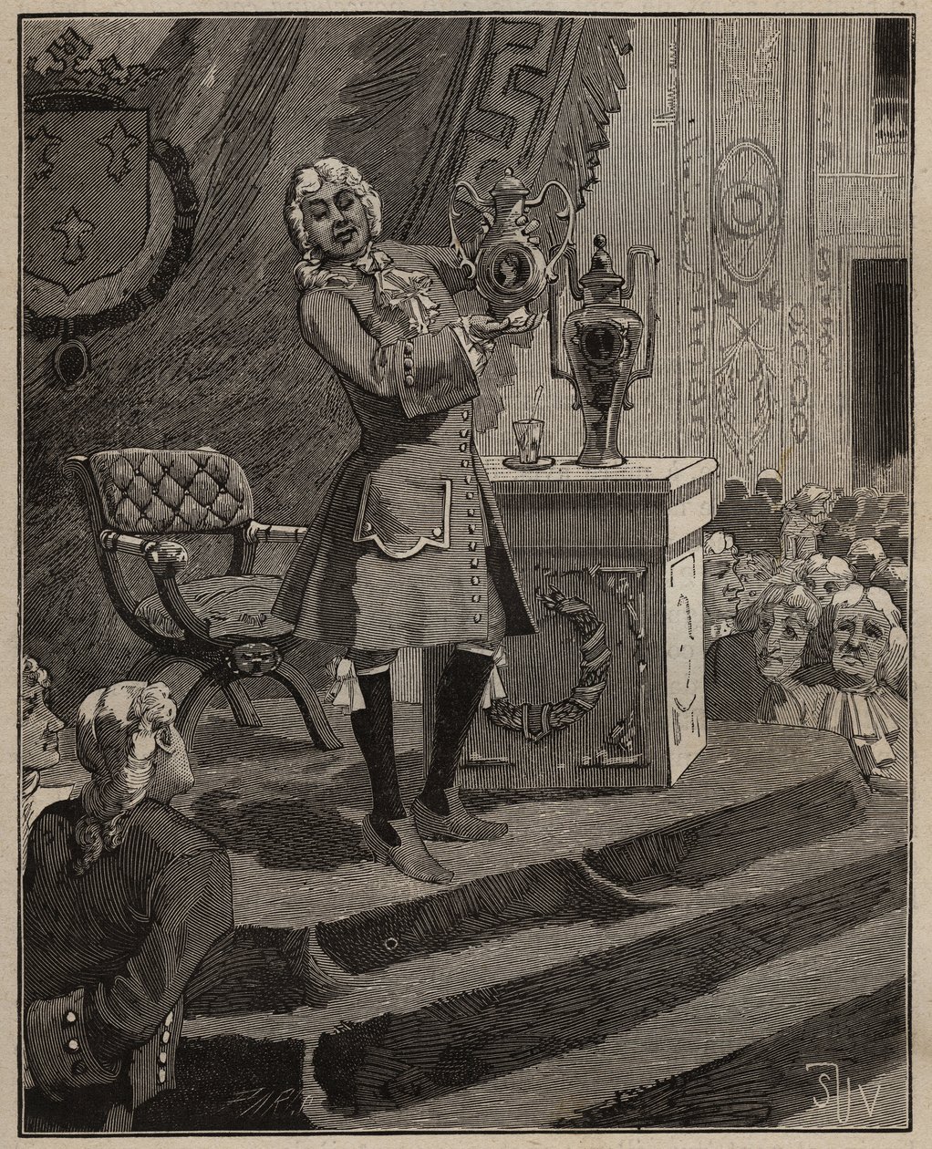 Keramika: Pierre Joseph Macquer (1718-1784) prezentující na Akademii první tvrdý porcelán vyrobený ve Francii továrnou Sevres v roce 1769. Rytina z roku 1885 v „“Les arts et metiers illustres““ od Adolpha BITARDA. od Unknown artist