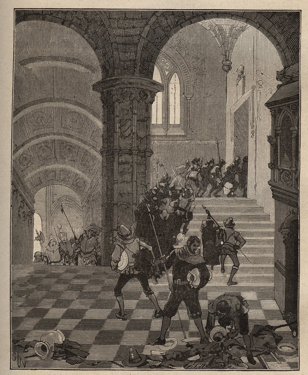 Keramika: zničení továrny „Henri II“ během plenění hradu Oiron (Deux Sevres) v roce 1568 během Ligy. Rytina z roku 1885 v „“Les arts et metiers illustres““ od Adolphe BITARDA. od Unknown artist