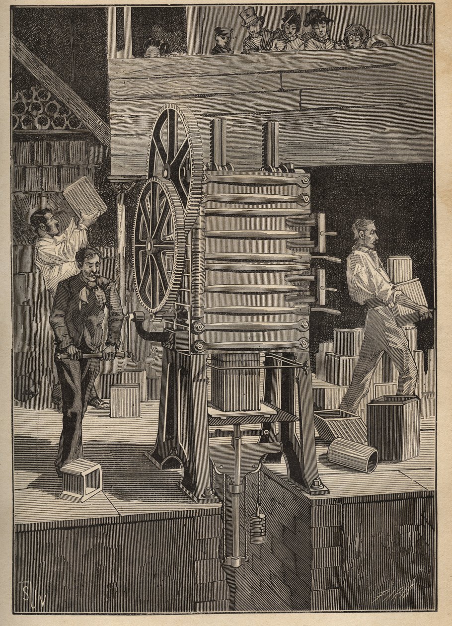 Keramika: mechanické lisování dutých dílů. Rytina z roku 1885 v „“Les arts et metiers illustres““ od Adolphe BITARDA. od Unknown artist