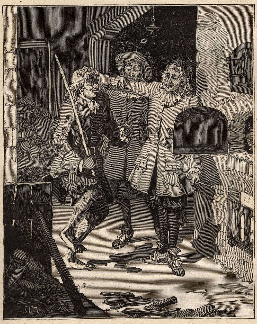 Keramika: trubková zemina (jemná fajáns). Angličan John Astbury (1688-1743) přišel do domu bratrů Johna Philipa a Davida Elersových, aby jim ukradl tajemství nové bílé fajáns. Rytina z roku 1885 v „“Les arts et metiers illustres““ od A od Unknown artist