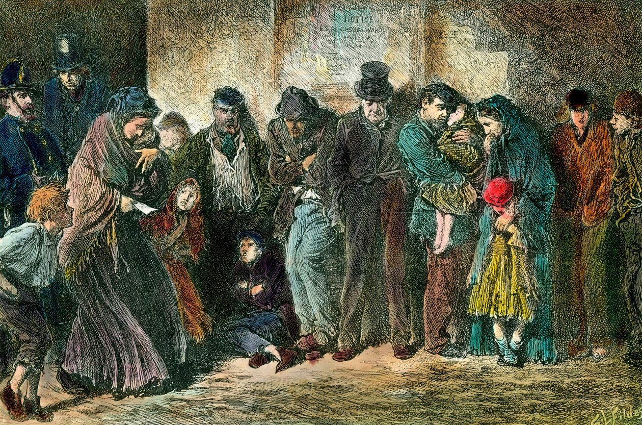 Chudoba v Londýně u dveří útulku Chudé a hladové rodiny stojí frontu před domem. Rytina z roku 1869. Soukromá sbírka od Unknown artist