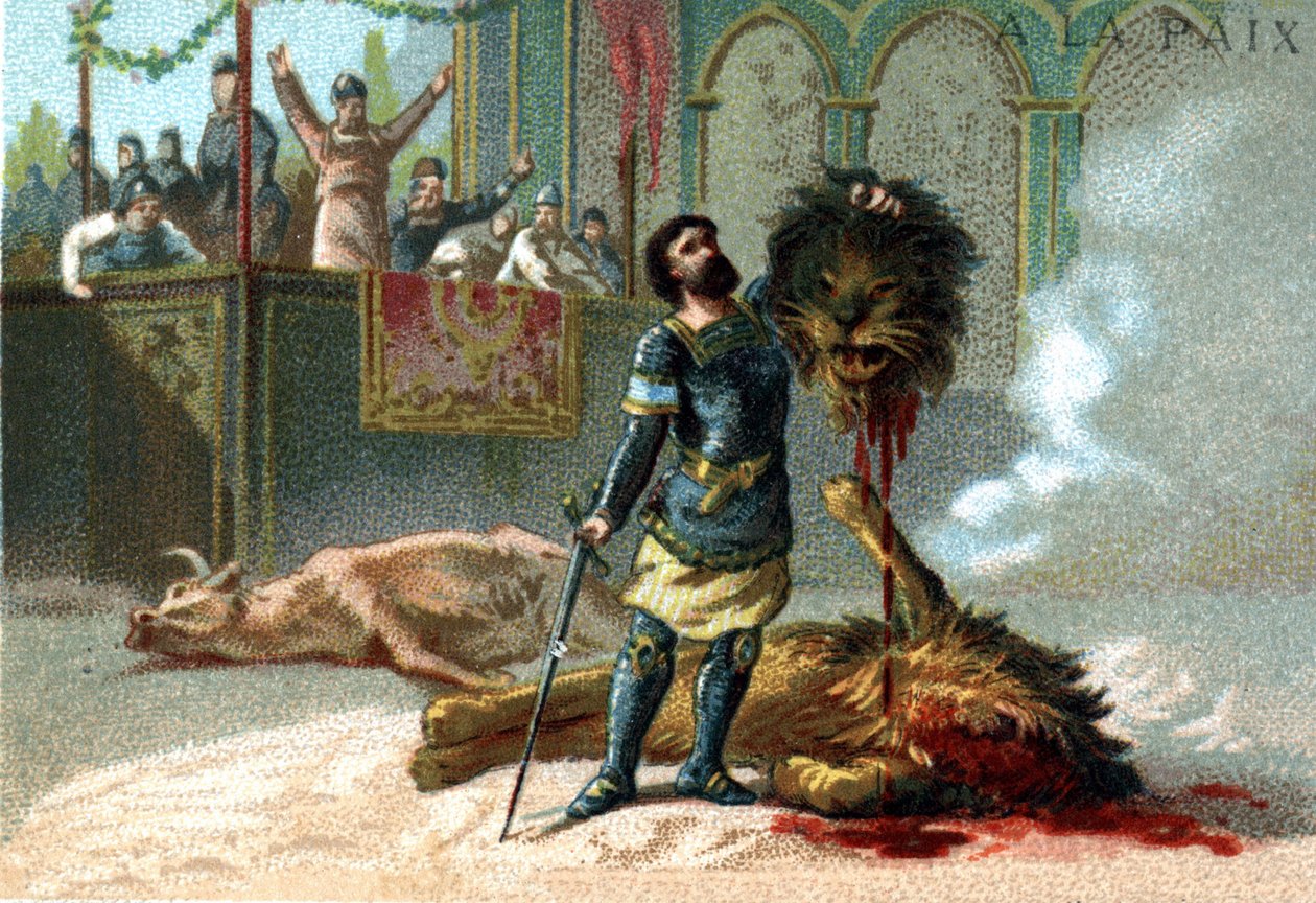 Pépin le Brief (715-768), král Franků, bojuje se lvem a býkem během svátků pořádaných na oslavu jeho korunovace v roce 751. od Unknown artist