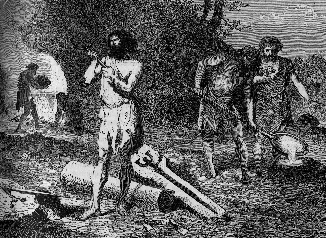 Prehistoire - první metalurgové doby bronzové: výroba bronzu. Rytina do „“Le Journal de la jeunesse““ od Unknown artist