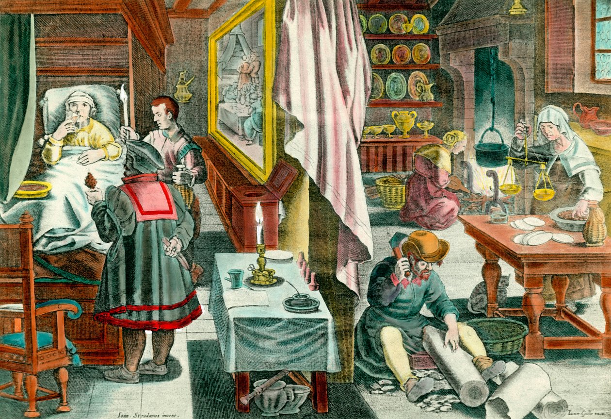 Příprava a podávání léků na bázi guana proti veneriánské syfilis““ Rytina 17. století. Paříž. Akademie medicíny od Unknown artist