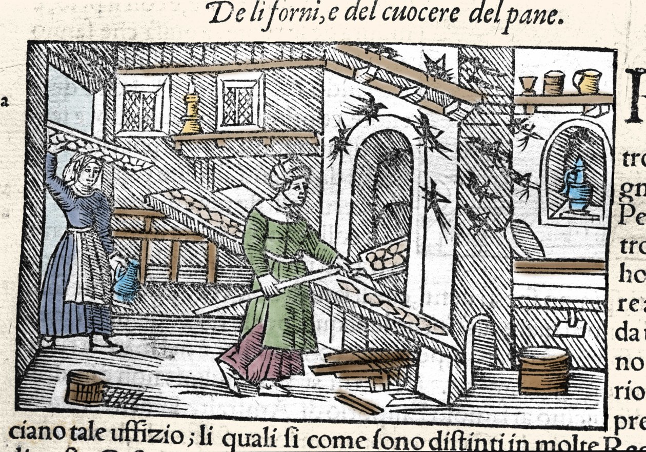 Příprava a pečení chleba v troubě. Rytina Olause Magnuse (1490-1557), švédského náboženského a geografa, „Historia de Gentis Septentrionalibus“, Benátky od Unknown artist