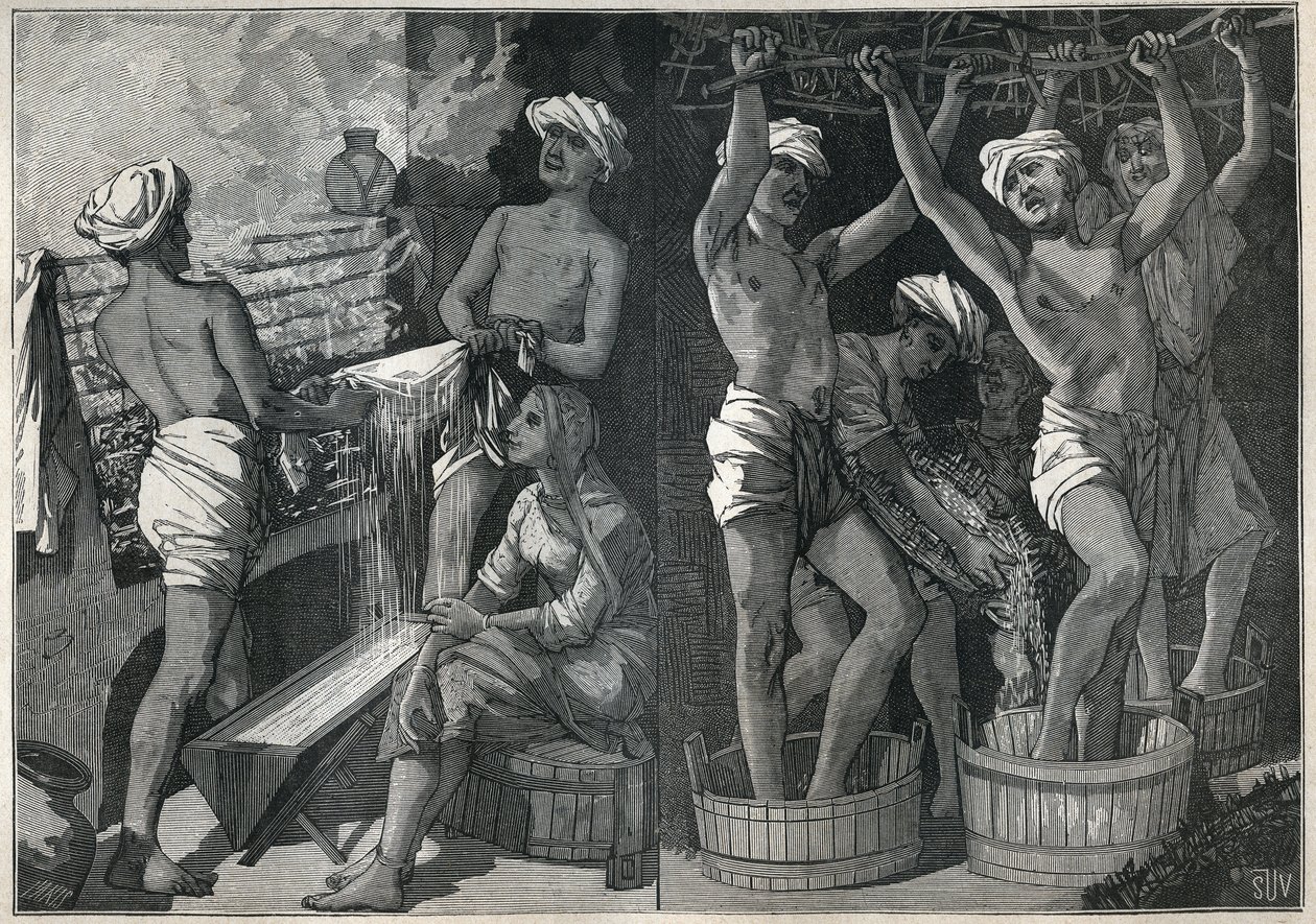 Příprava laku v Indii. Rytina z roku 1885 v „“Les arts et metiers illustres““ od Adolphe BITARDA. od Unknown artist