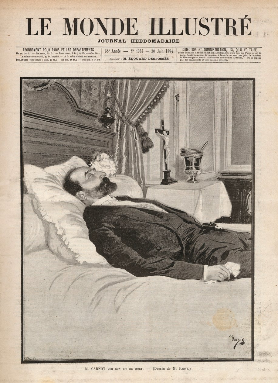 Prezident republiky Sadi Carnot (1837-1894) na smrtelné posteli byl v rámci odborové a anarchistické agitace 24. června na výstavě v Lyonu zavražděn Sante Caseriem (1873-1894) a později. Rytina „Le monde illustrious“ f od Unknown artist