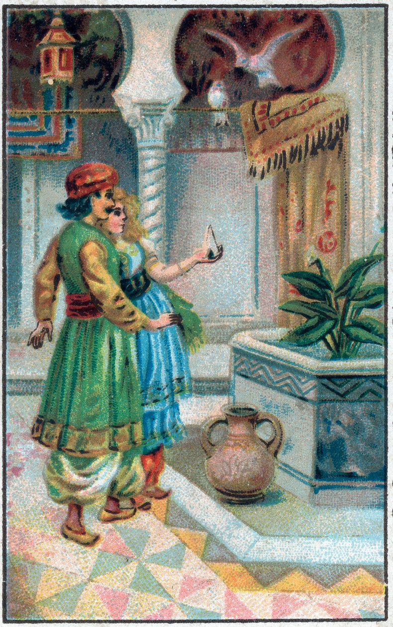 Princ Ahmed s poplatkem. Historie prince Ahmeda a poplatek Paris-Banou (Pari Banou) (Paribanu). Pohádka 1001 nocí (pohádky tisíce a jedné noci). Chromolitografie konce 19. století. od Unknown artist