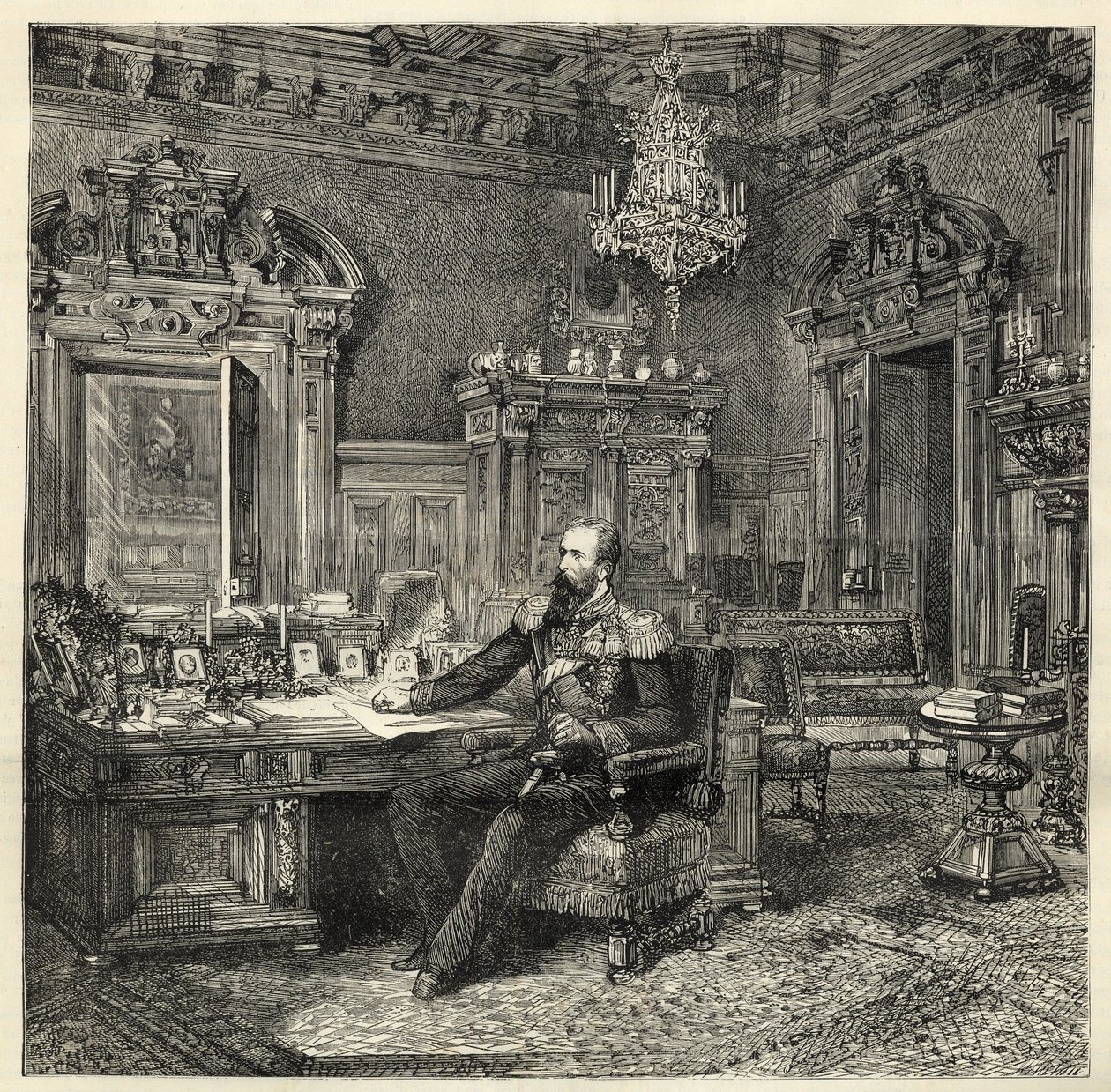 Princ Alexander Bulharský (1857-1893), ve své pracovně - Alexandr z Battenbergu - Portrét Alexandra I. Bulharského nebo Alexandra z Battenbergu (1857-1893) ve svém pracovním kabinetu - 1886 - od Unknown artist