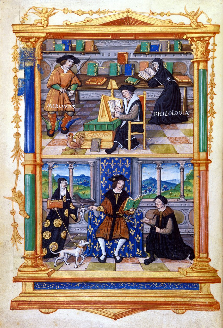 Princ se učí fyzice, filologii, náboženství a údržbě - v „“ Z pokynu prince““ od Guillaume Bude (Budee) (Budaeus) (1467-1540) od Unknown artist