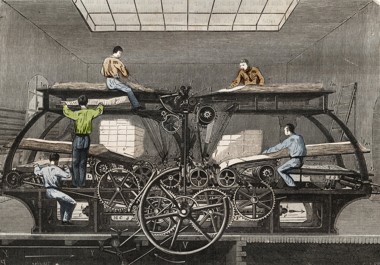 Tiskařský lis: tiskařský lis novin „“Le Siecle““ v Paříži. Rytina z roku 1857 v „“Le Musee Des Sciences““ od Unknown artist