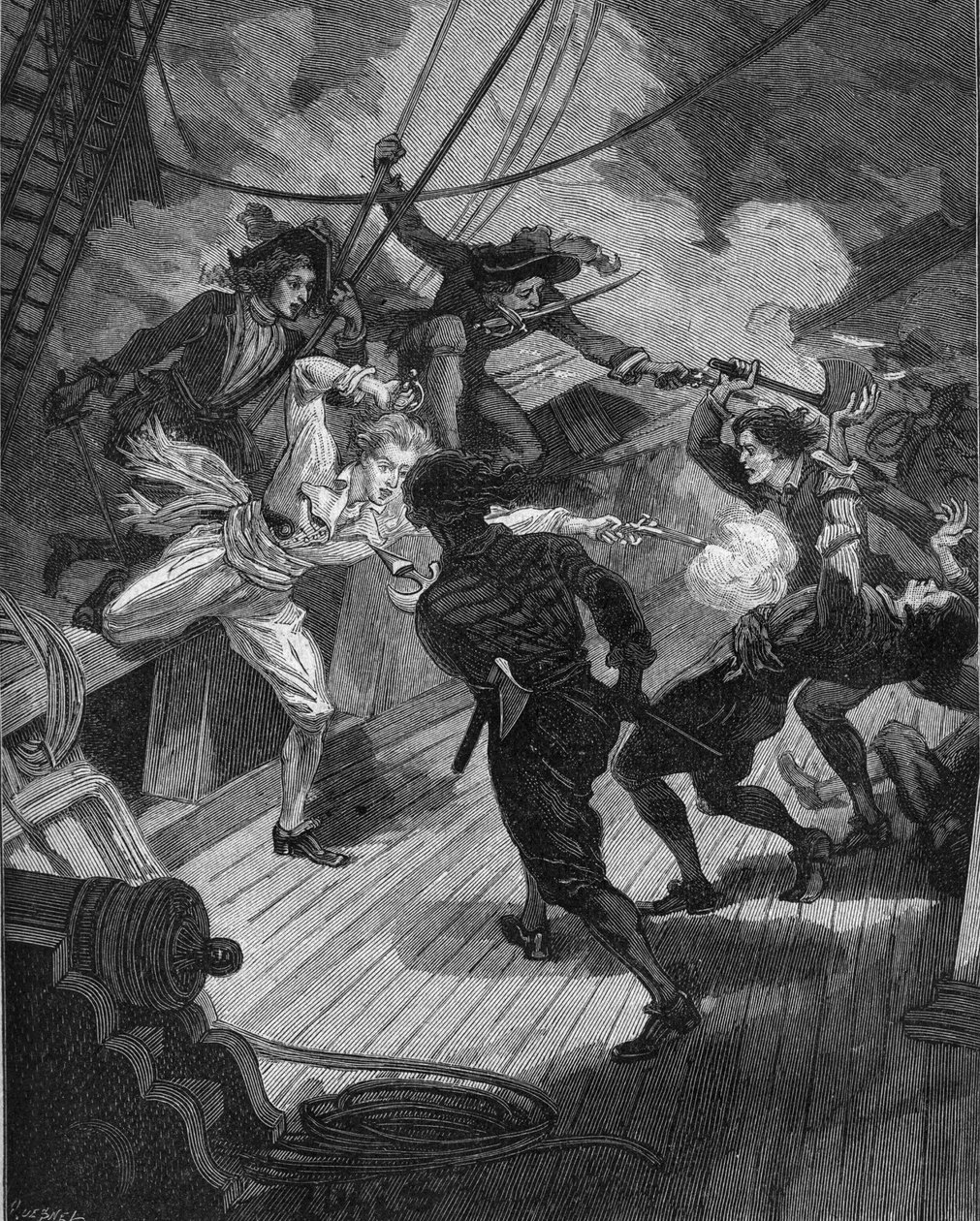 Vojín Jean Bart (1650-1702) se blíží k lodi. Rytina 19. století. V „Histoire de France“ od Julese Micheleta od Unknown artist