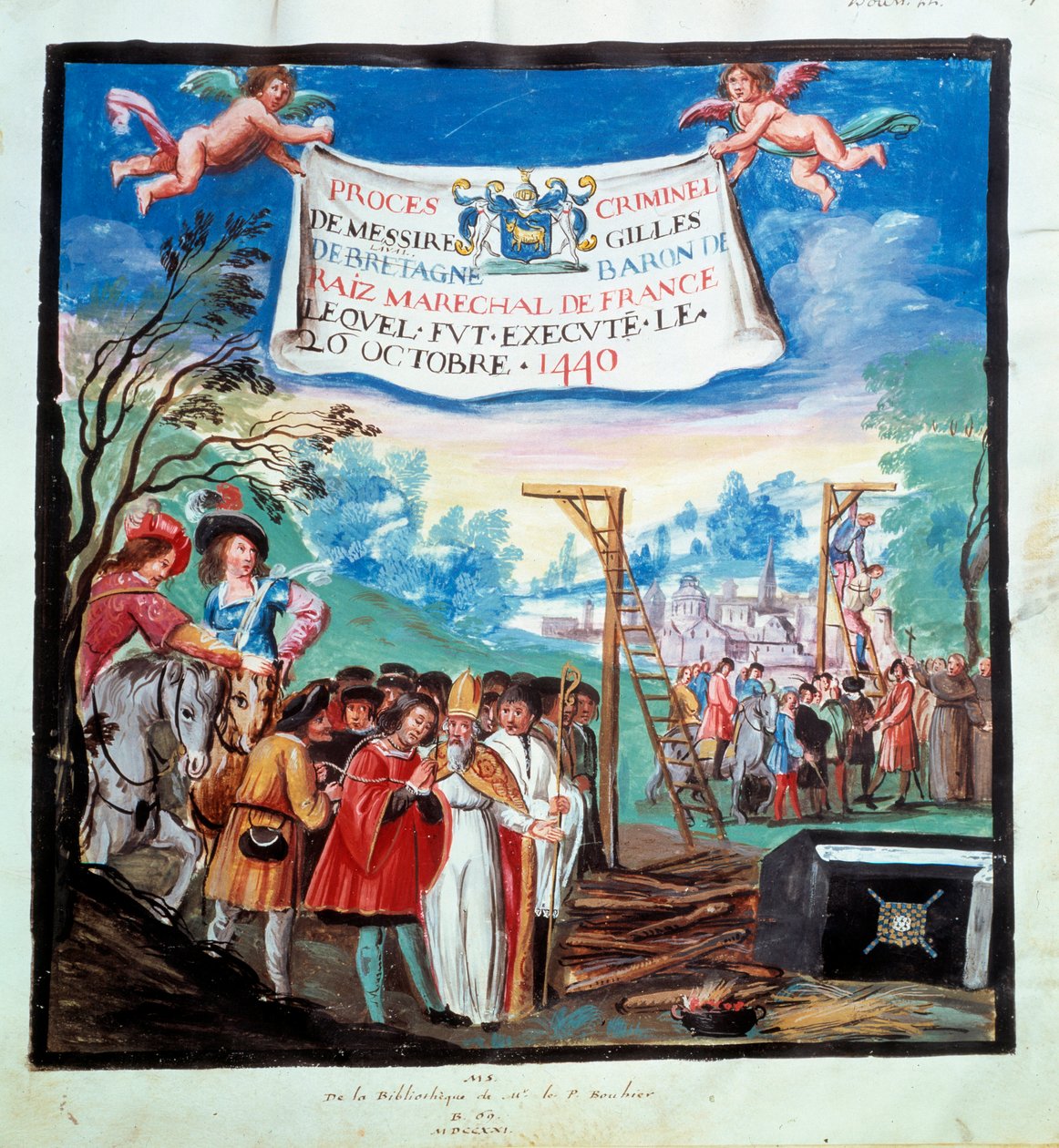 Proces Gilles de Rais (Retz ou Rays) (1404-1440): „“Poprava, šibenice a řezník“““ Je popraven za vraždu a kacířství. Miniatura z 15. století. Paříž, B.N. od Unknown artist