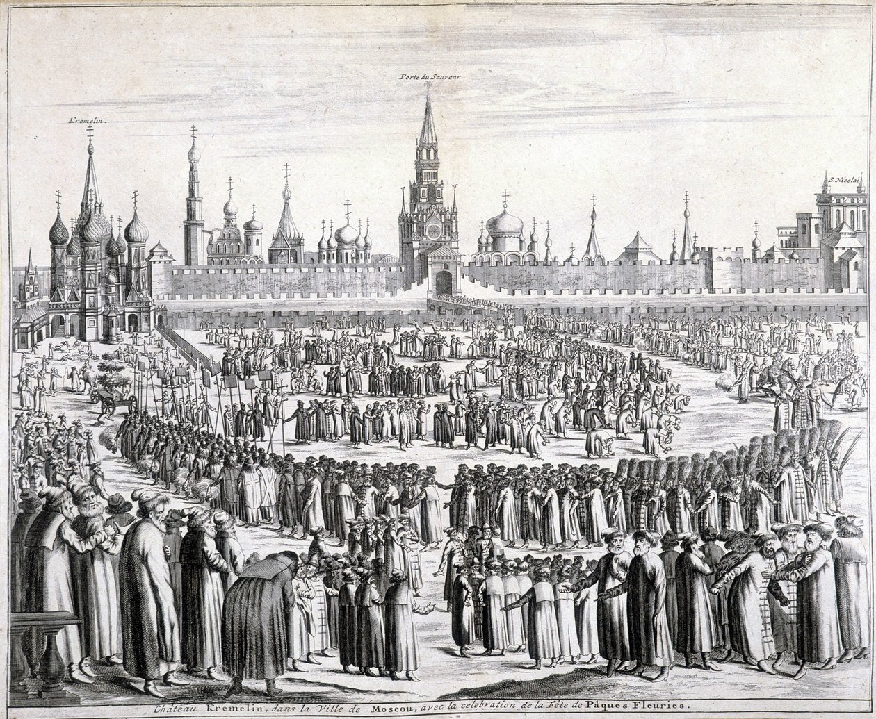 Průvod velikonočních květin před bránou Svatého Spasitele a Kremlem v Moskvě. Rytina 19. století. od Unknown artist