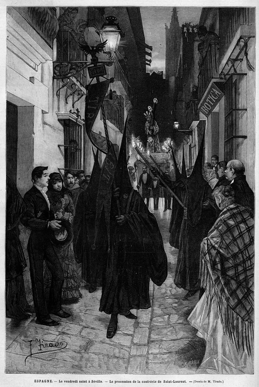 Procesí udělování svatého Vavřince (sv. Vavřince) v Seville (Španělsko) na Velký pátek (Svatý pátek). Rytina v „“Le Monde illustrious”” 1883. Soukromá sbírka. od Unknown artist