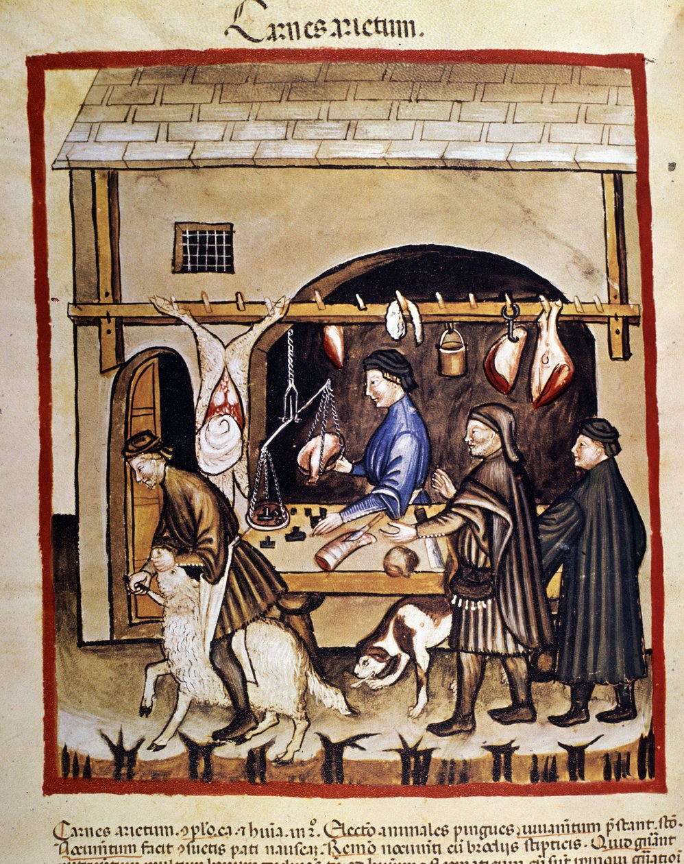Výroba a prodej (řeznictví) skopového masa. Je poražena ovce. Osvětlení z dojení medicíny a dietetiky „“Tacuinum sanitatis““ od Unknown artist