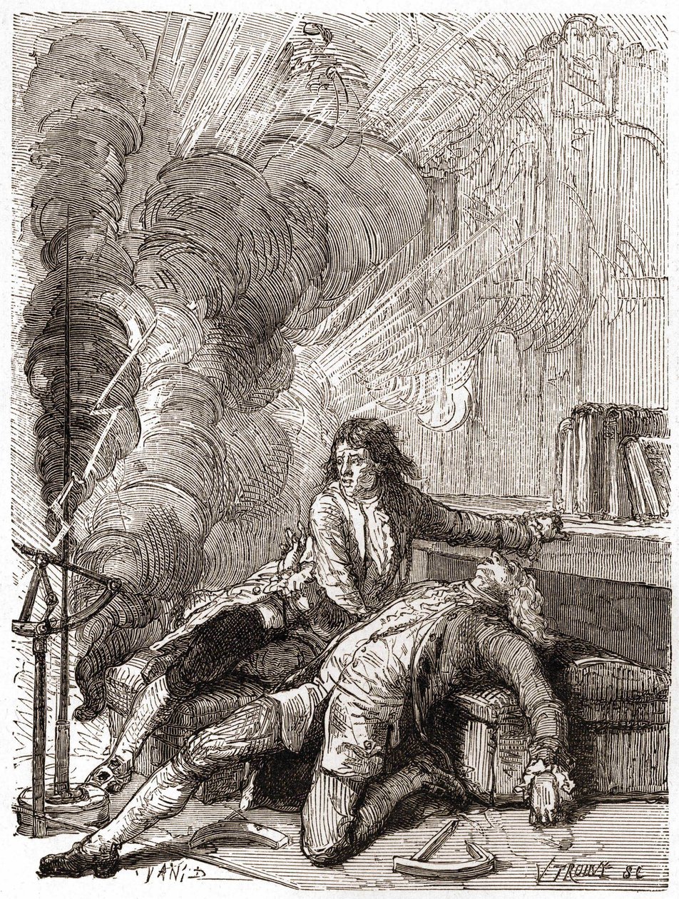 Profesor Georges Guillaume Richmann (1711-1753) zemřel ve své dílně po experimentu s elektroměrem od Unknown artist