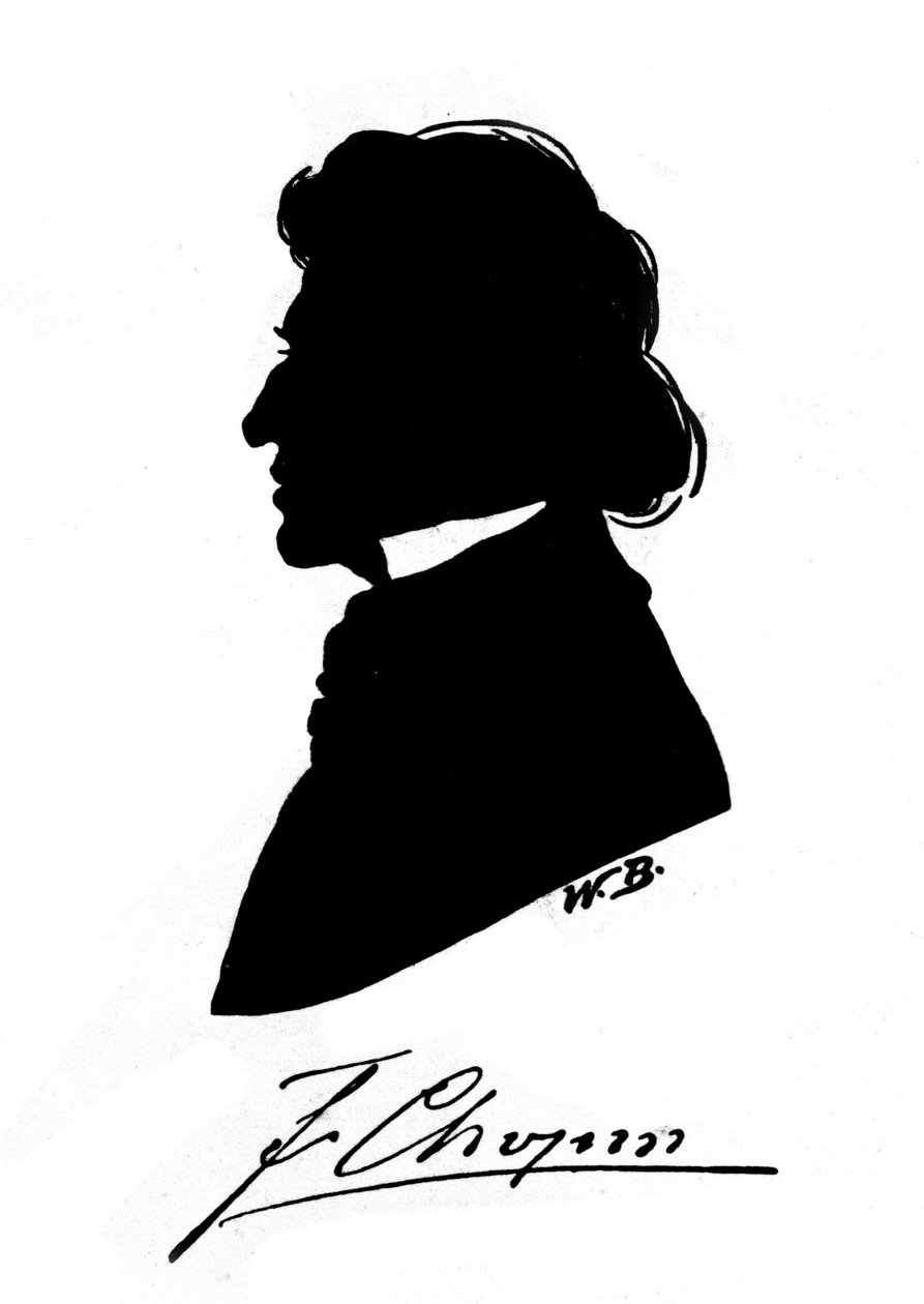 Profilová silueta polského skladatele Frederika Chopina (1810-1849) s autogramem. 19. století od Unknown artist