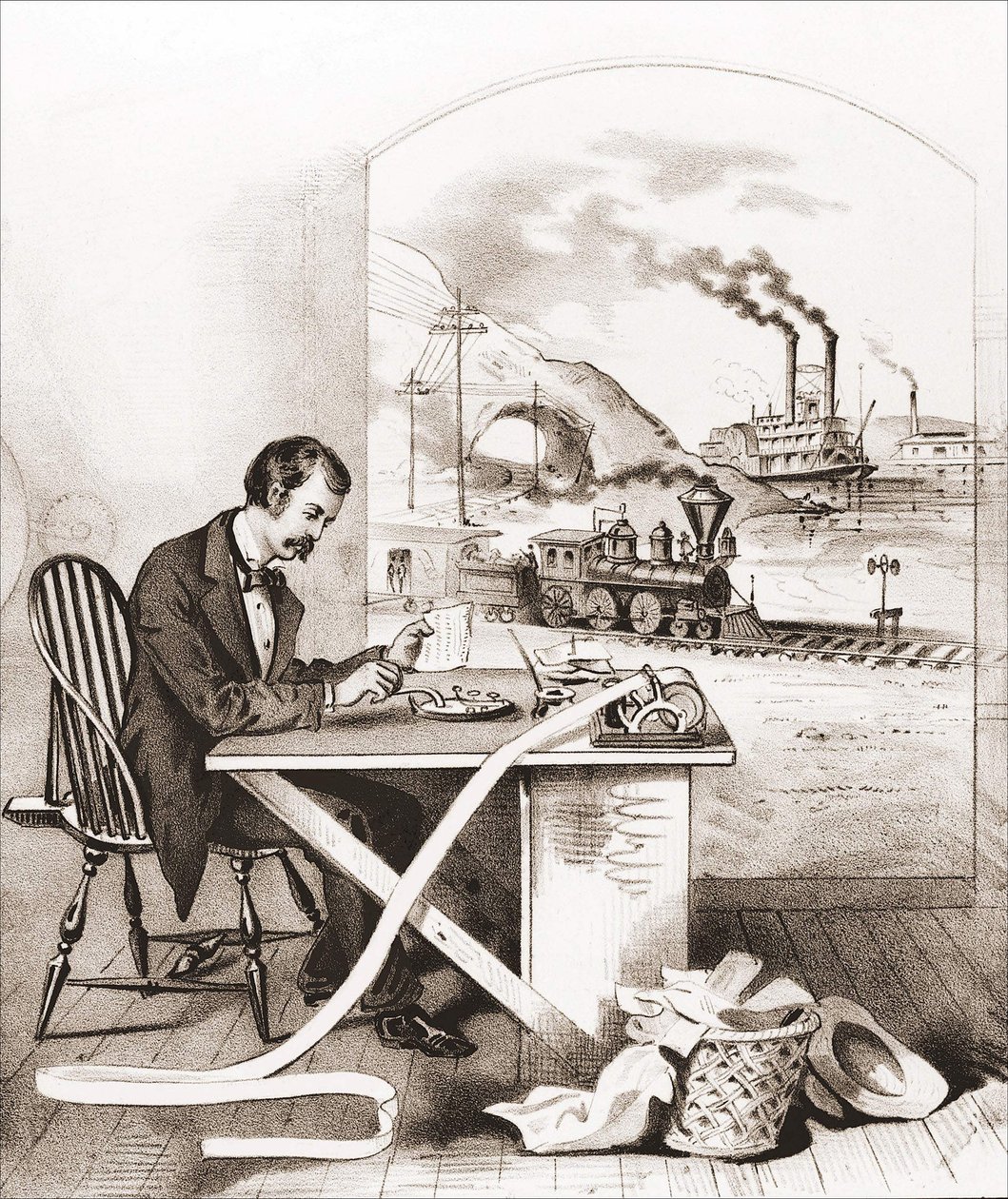 Pokrok století (19. století): Morseova telegrafie, Dawn Boat, Train aj. Rytina 19. století. od Unknown artist