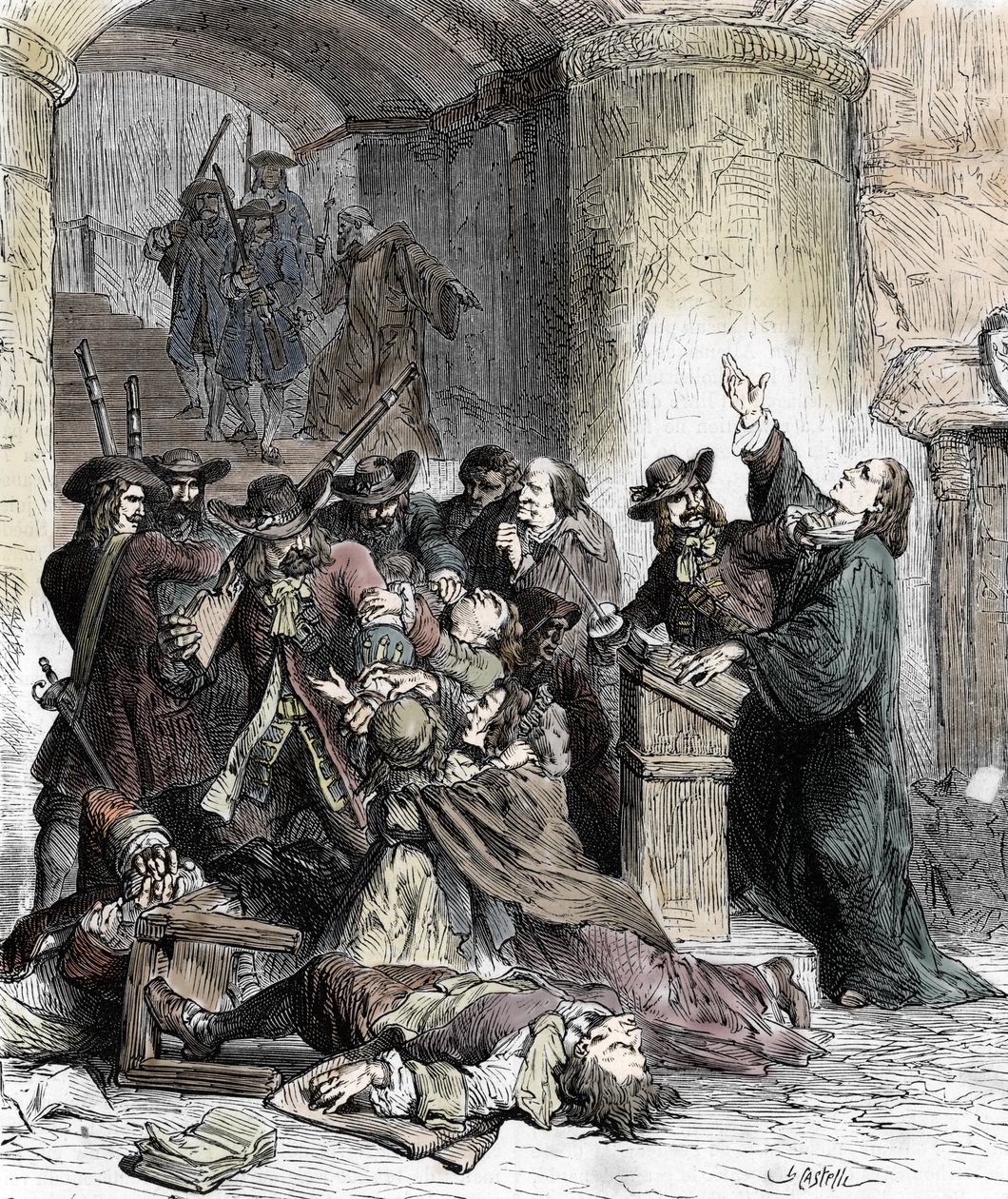 Zákaz prechů a zatýkání protestantů po odvolání Edit de Nantes (dragonády za Ludvíka XIV. (1681-1686): Katoličtí vojáci (draci) masakrují protestanty. 19. století (rytina) od Unknown artist