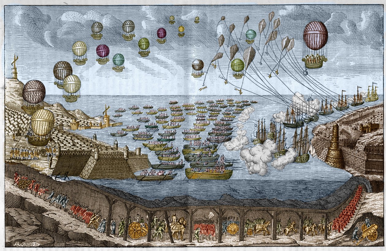 Projekt útoku (invaze) proti Anglii v roce 1803 Napoleonem I. - Francouzské jednotky procházejí tunelem pod Lamanšským průlivem, zatímco lodě a balóny útočí po moři a ve vzduchu - Rytina z roku 1803 od Unknown artist