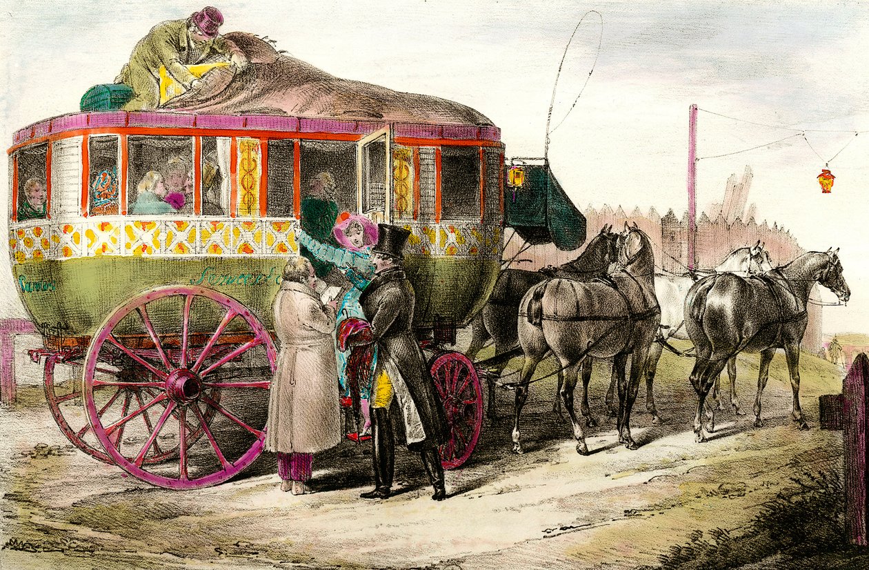 Veřejná doprava: cestující vstupující do Parisienne Diligence. Rytina soukromé sbírky 19. století od Unknown artist