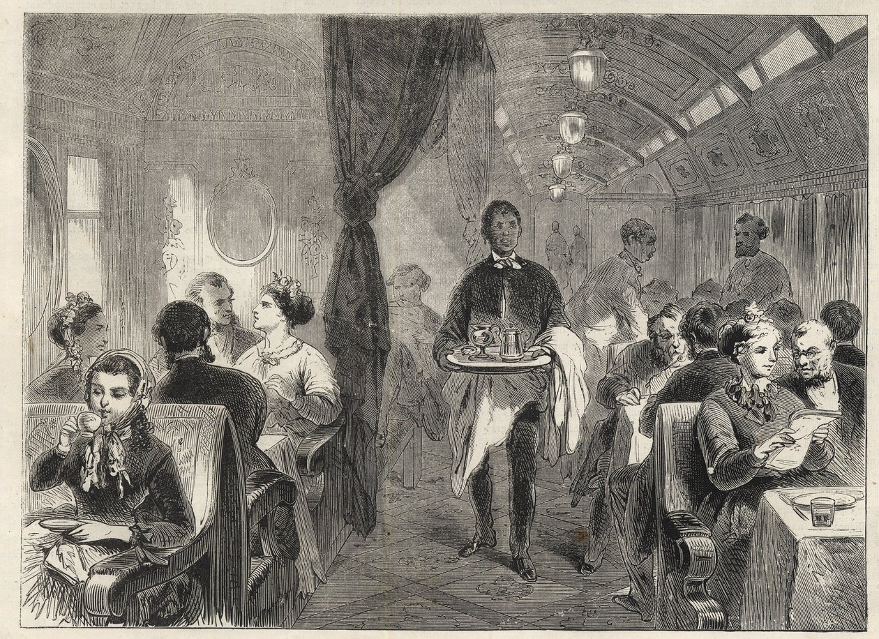 Pullmanův jídelní vůz Pacifických železnic v roce 1869 - uvnitř hotelu vozu na Pacifické železnici - od Unknown artist