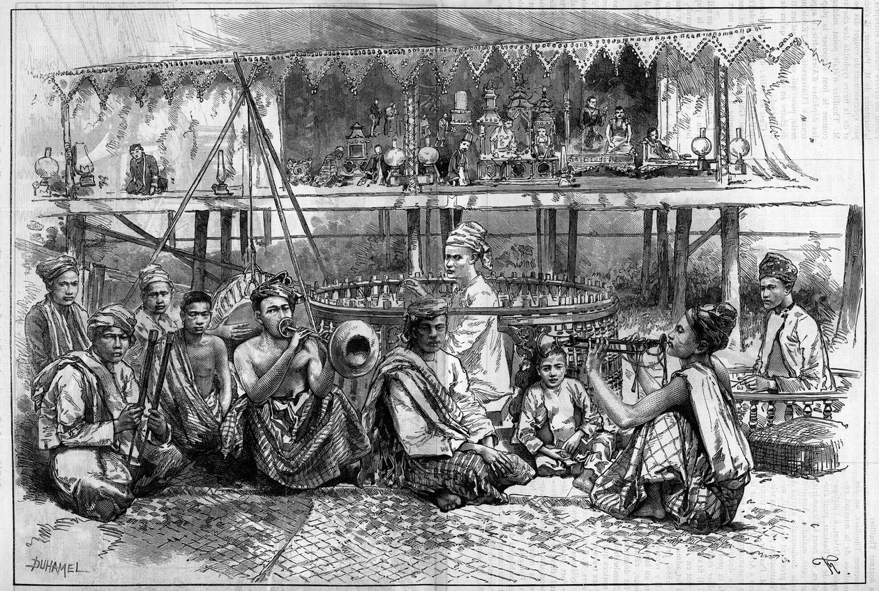 Loutkové divadlo s hudebníky v Barmě rytina v „The Illustrous World““ od Unknown artist