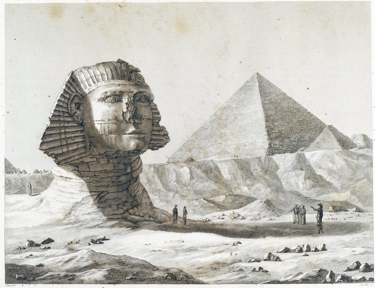 Pyramidy v Gíze: pohled na Sfingu a Velkou pyramidu, převzato z jihovýchodu - v „“ Popis Egypta“, Imperial Editions od Unknown artist