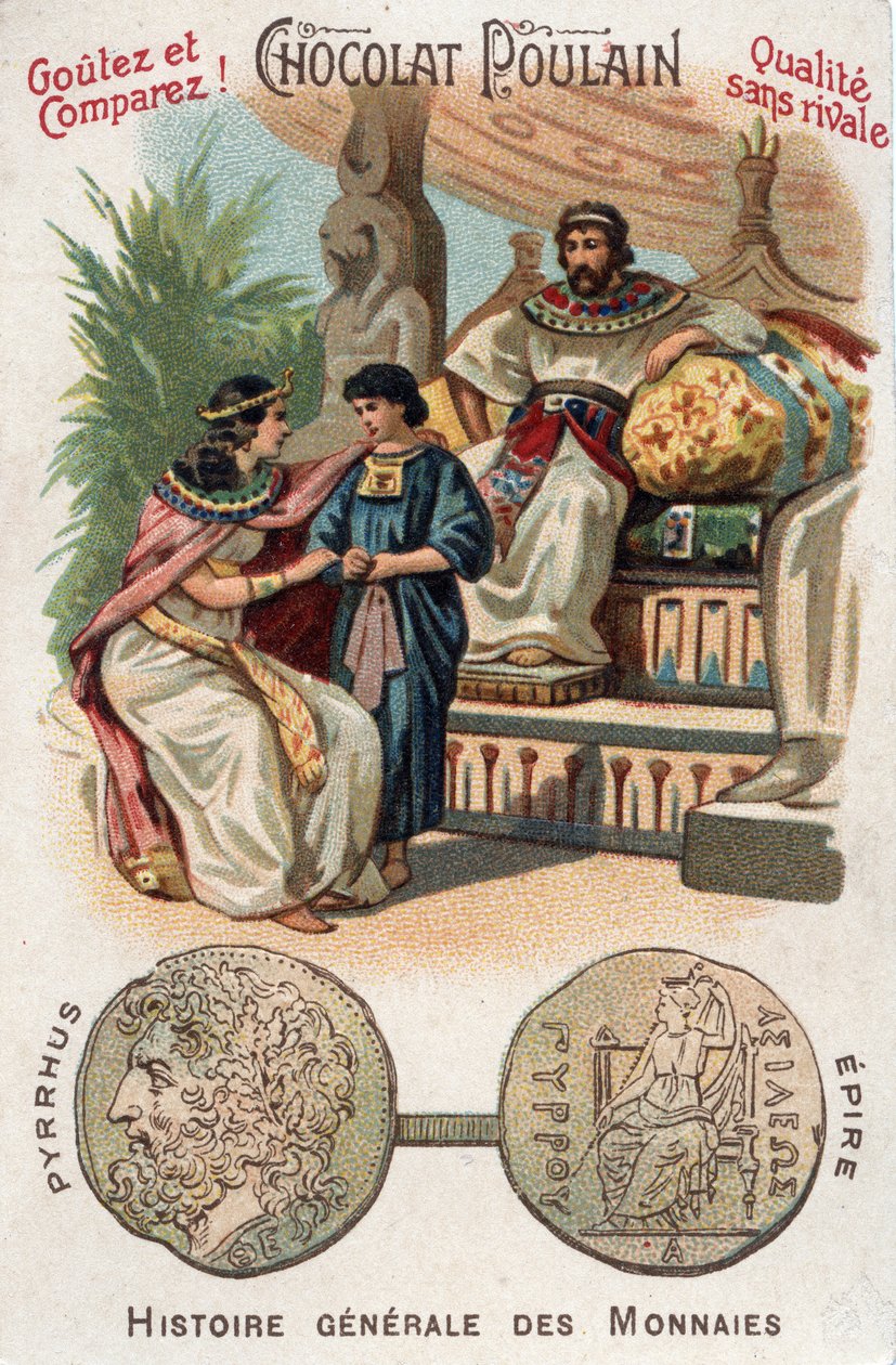 Pyrrhus I (nebo Pyrrhos) král Epire od 306 do 272 př.nl. In Obecná historie mincí. Čokoládovo-hříběcí chromolitografie konce 19. století. Soukromá sbírka. od Unknown artist